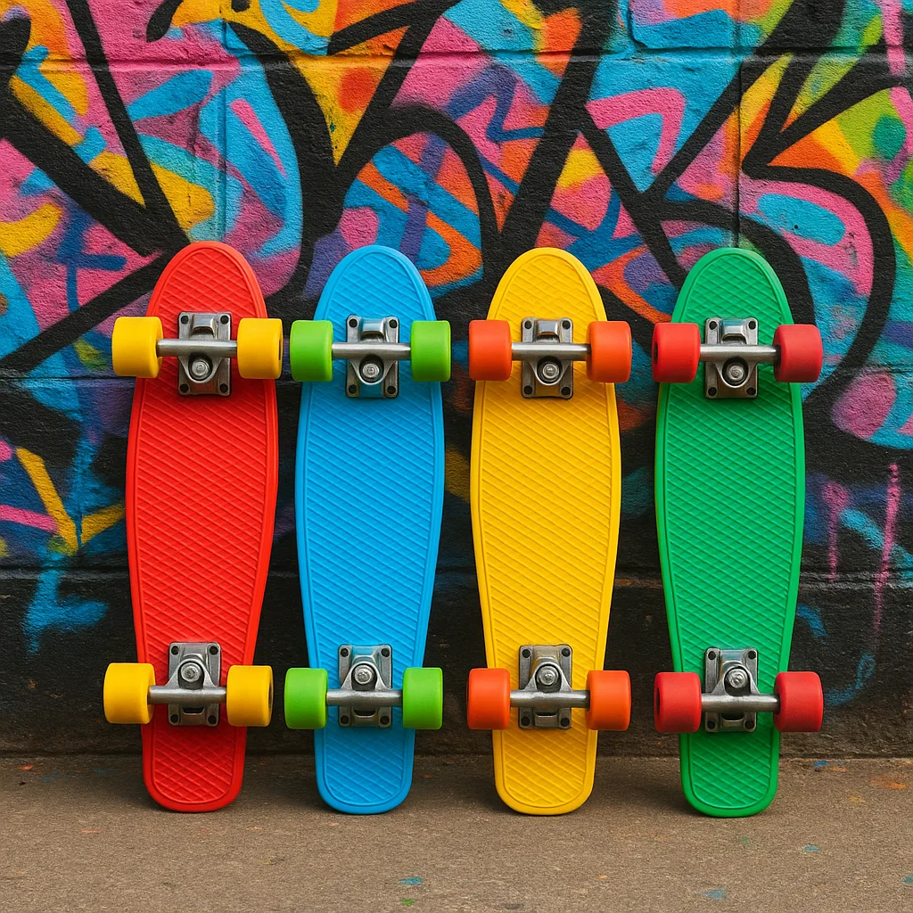 Four Vibrant Skateboards Propped Up Against a Wall