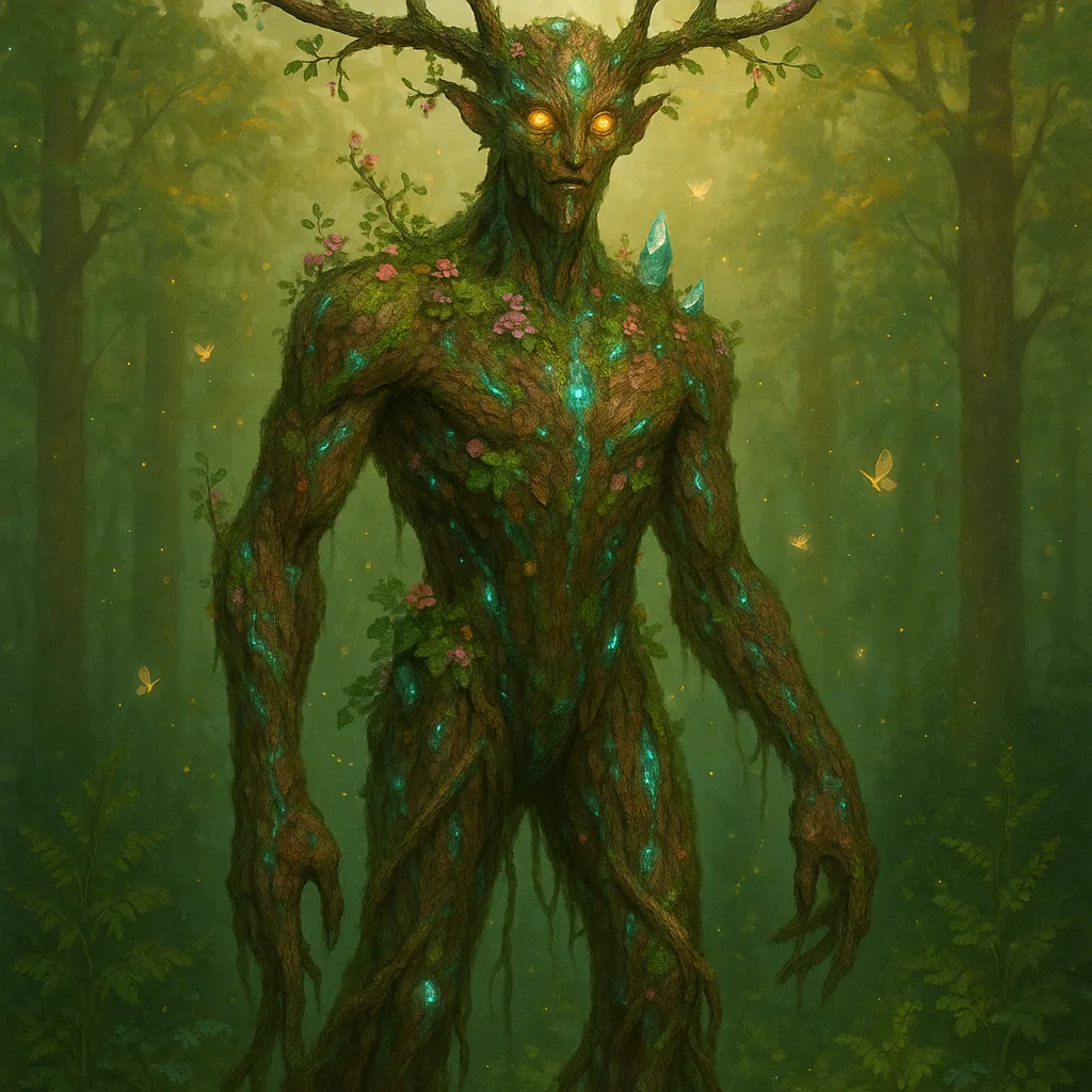 Depict a Tranquil Scene Featuring Glyndrel the Verdant Sentinel