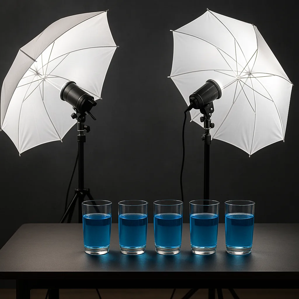 Photography Setup Featuring Four Glasses of Blue Liquid