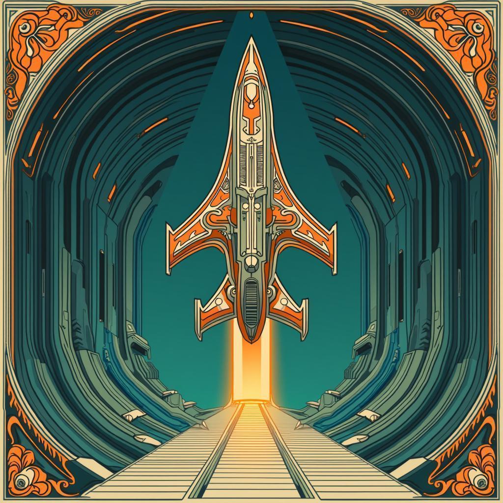 Art Nouveau Starship Docked in Teal and Orange