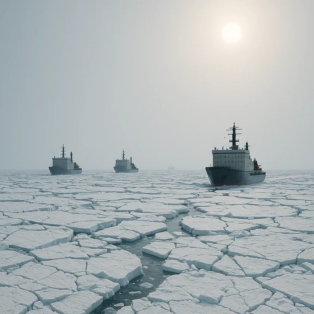 Few Distant Icebreaker Ships Carefully Navigate Through a Massive