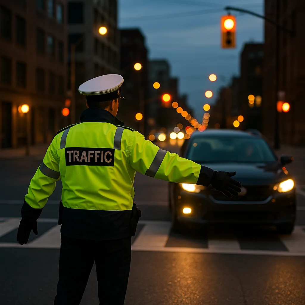 Traffic Officer Wearing a High-visibility Jacket Directs a Car