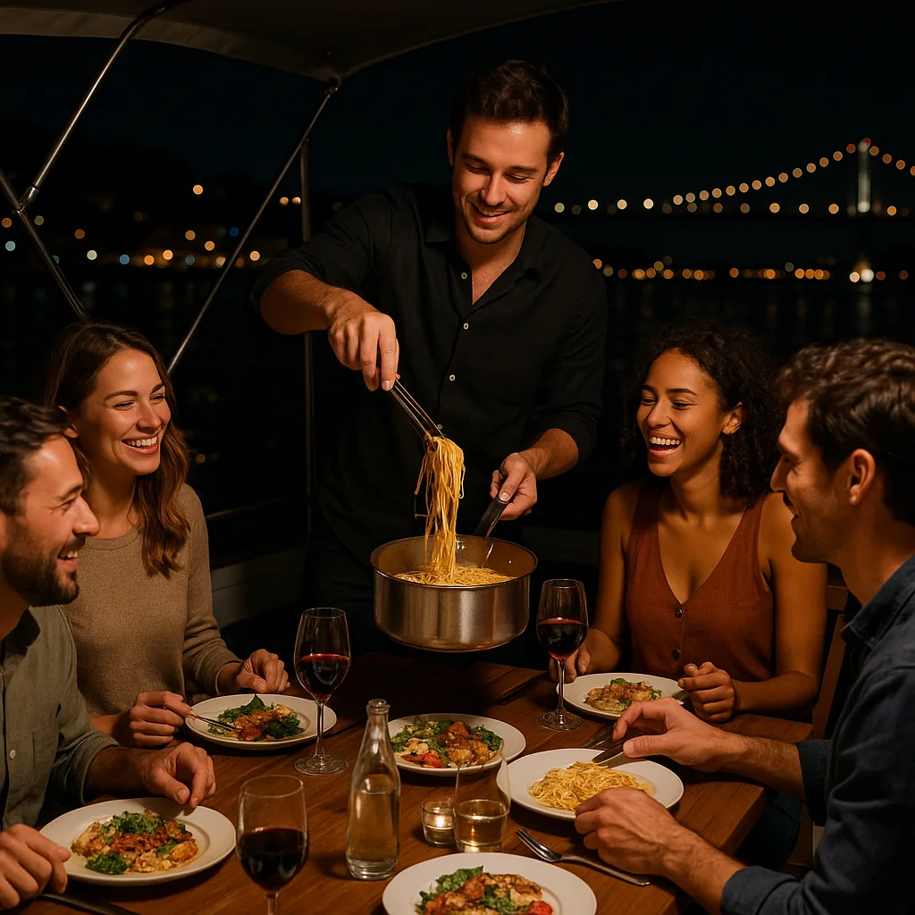 Group of People Dining Together on a Boat at Night