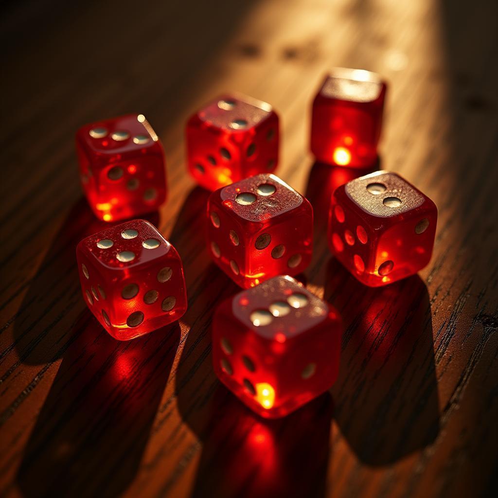 Seven Red Dice on a Wooden Table