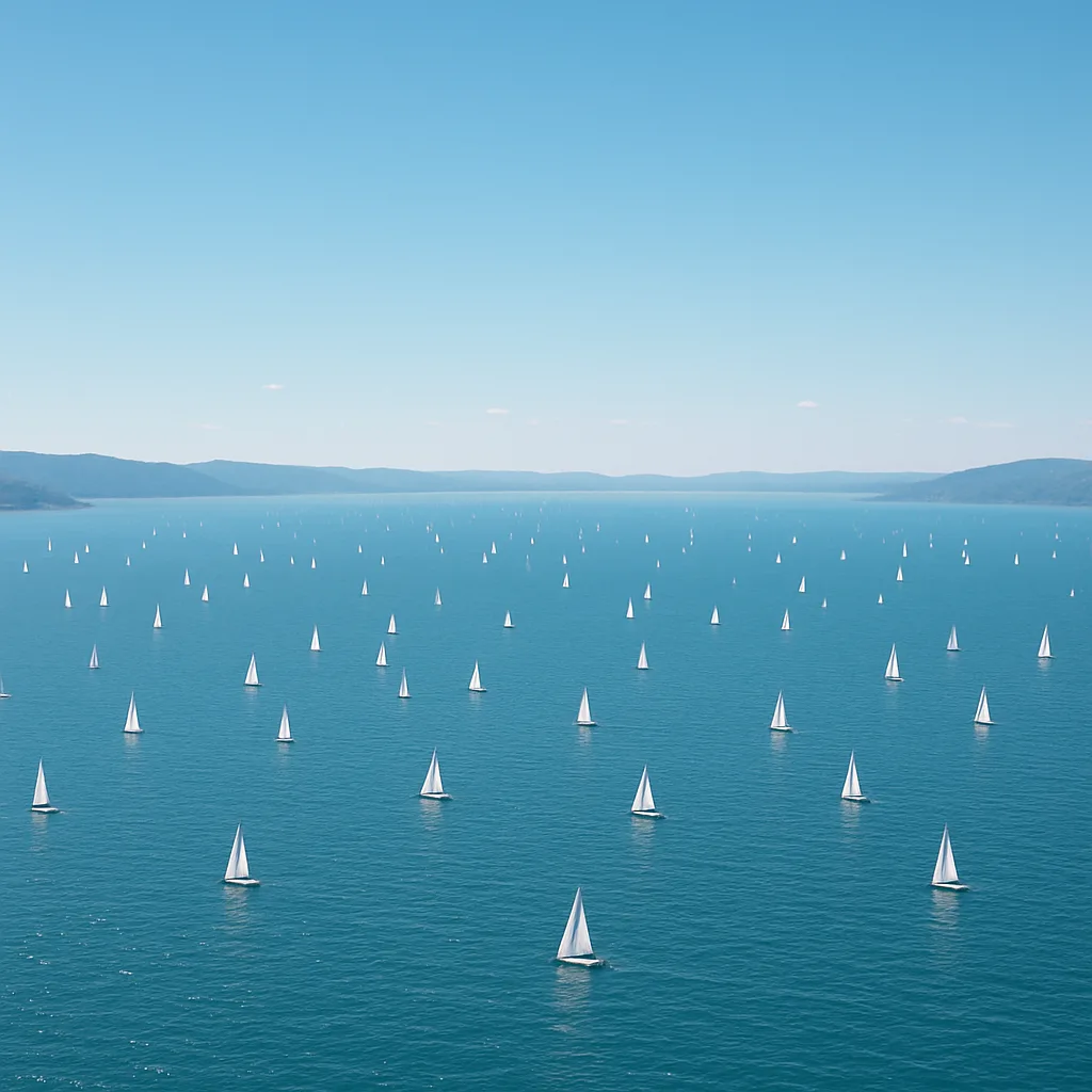 Myriad Tiny Sailboats Appear as Scattered White Specks