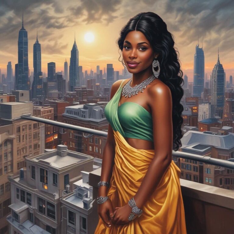 Elegant Woman at Rooftop Party