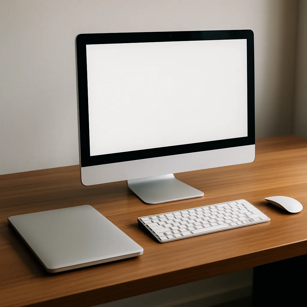 Modern Wooden Desk with a Desktop Computer on Top
