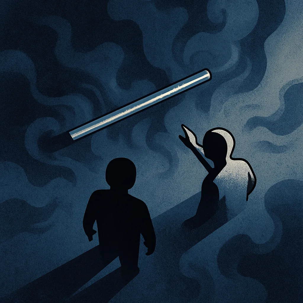 Two Tiny Figures—one a Dark Silhouette in a Structured Top