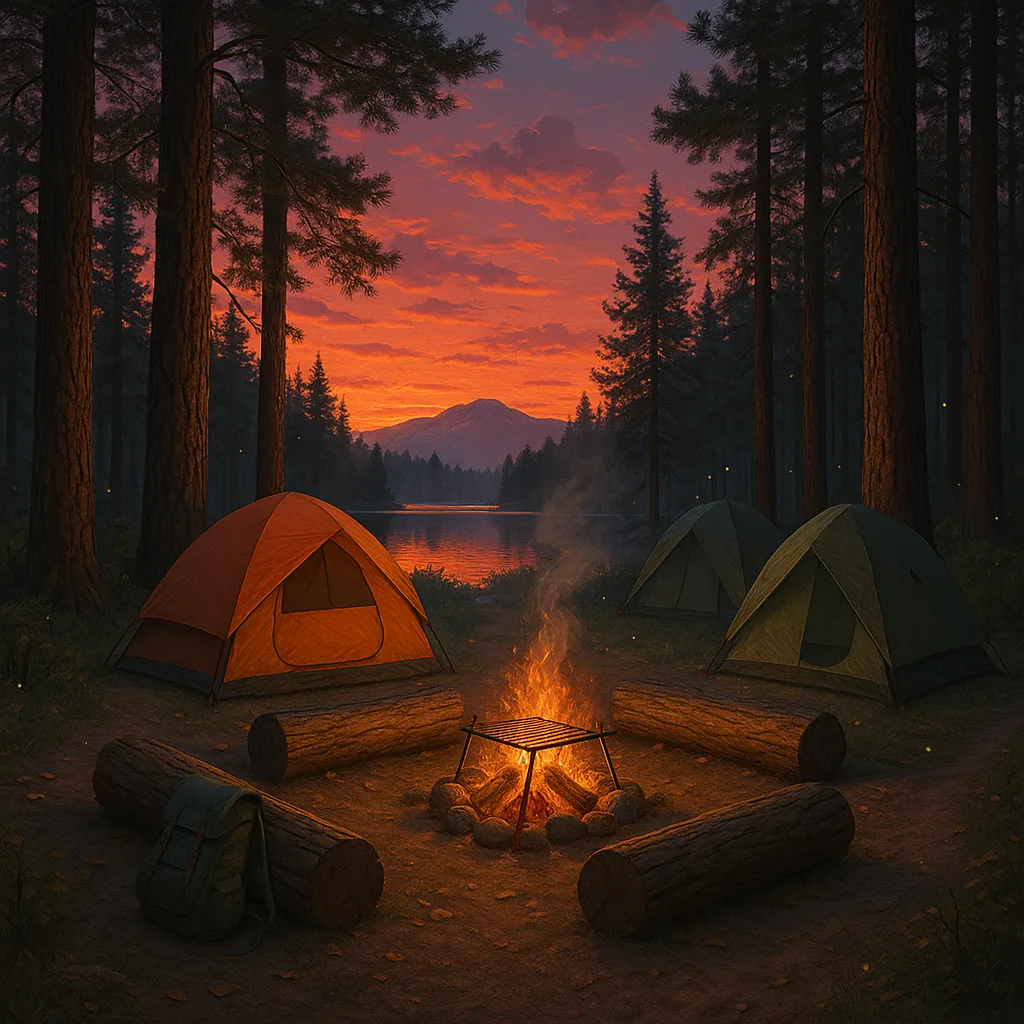 Draft a Vivid Camping Scene in a Forest at Dusk
