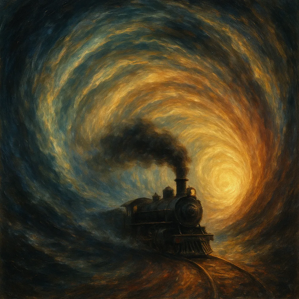 Depict a Train Engine Moving Through a Fantastical Swirling Vortex