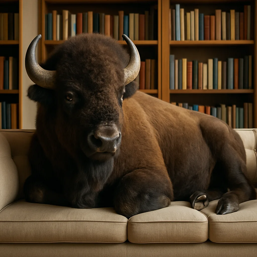 Bison Bizarrely Lounges on a Cushioned Sofa near Bookshelves