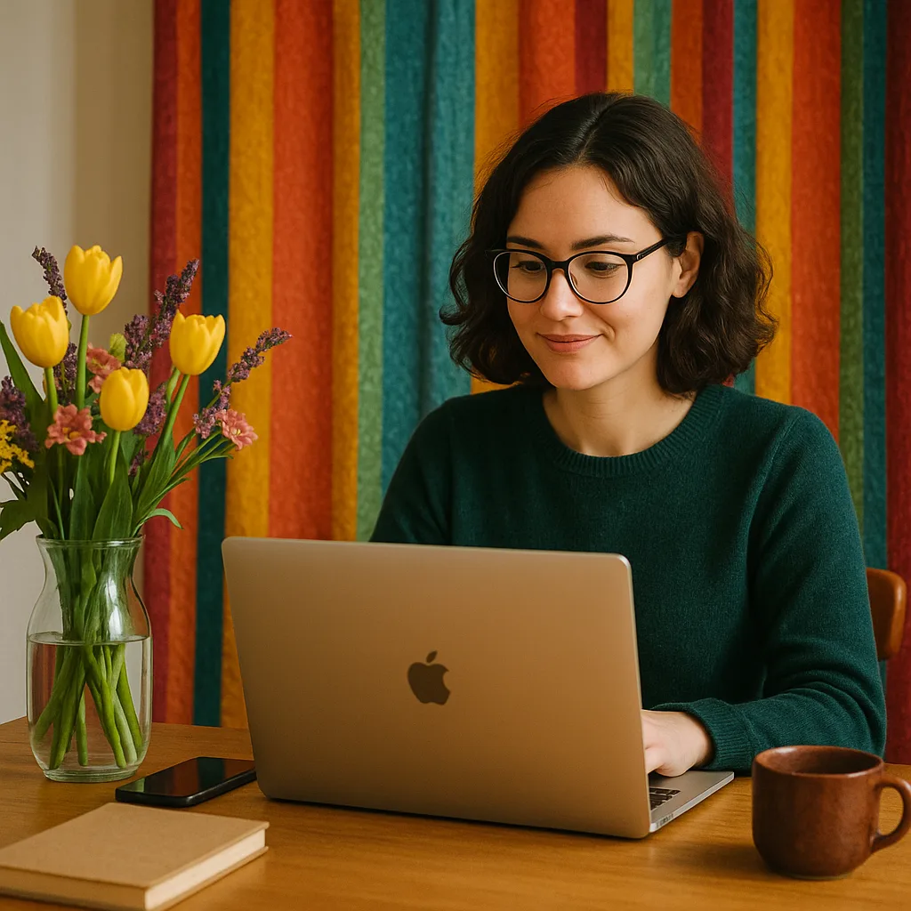 Person Sitting Indoors Next to a Table with Flowers