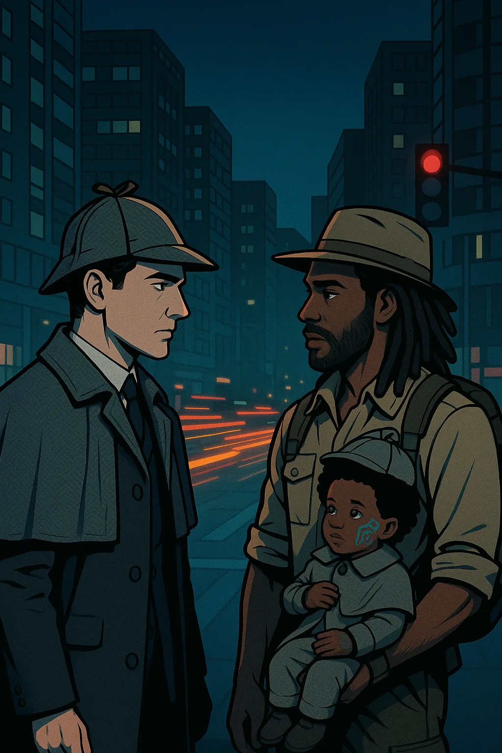 Male Sherlock Holmes-esque Detective with a Focused Gaze Converses