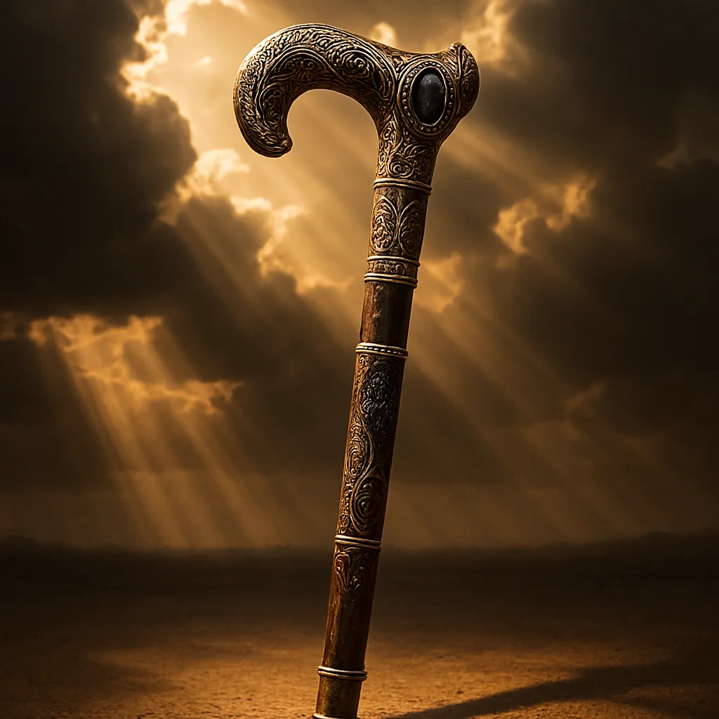 Walking Stick Intricately Carved with Metal and Stone Motifs