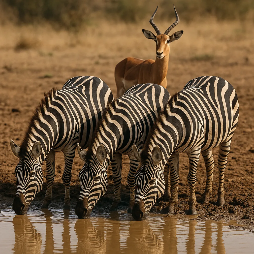 Three Zebras Drinking from a Muddy Waterhole