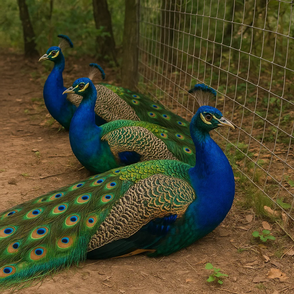 Three Vibrant Peacocks with Colorful Plumage