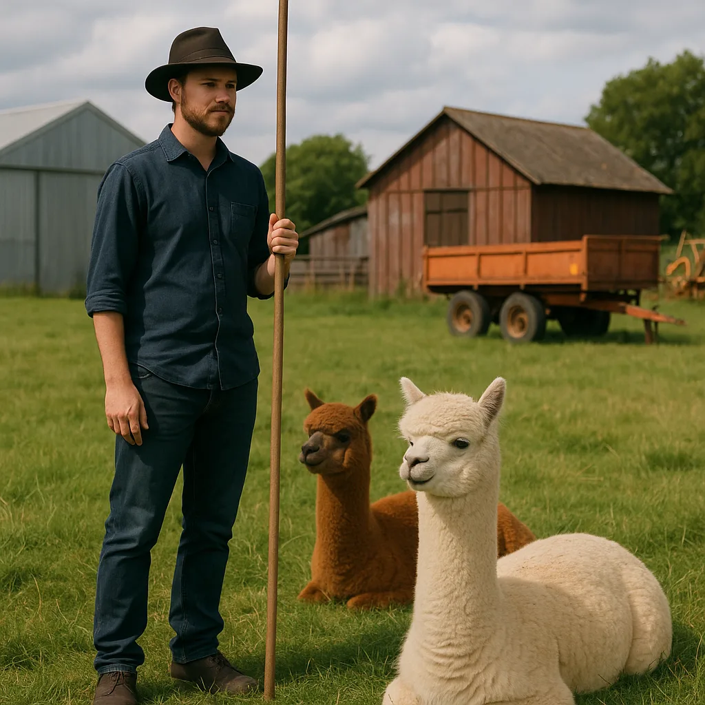 Man Holding a Long Pole Stands on a Grassy Field