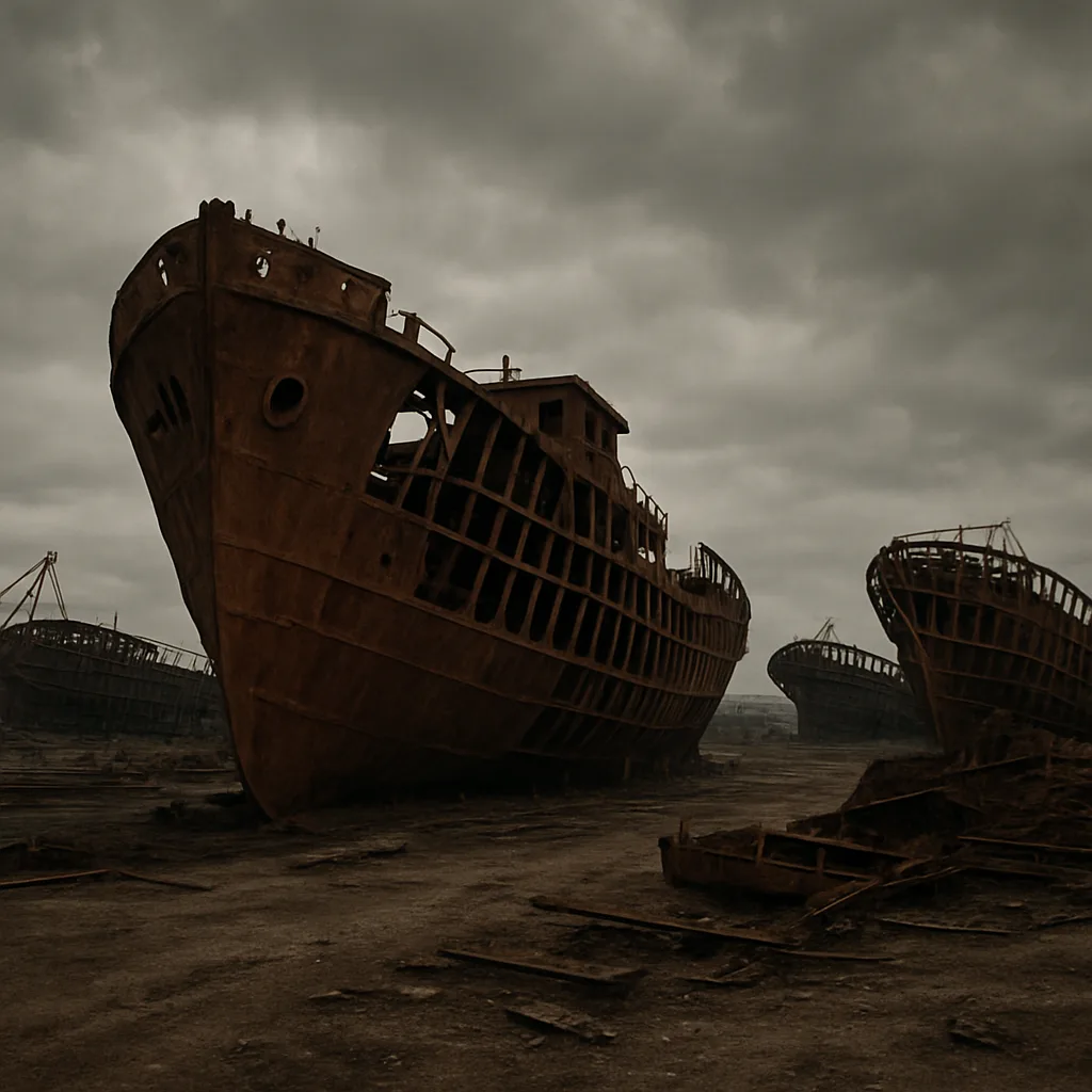 Few Rusted Ship Hulks Lie Abandoned in a Vast