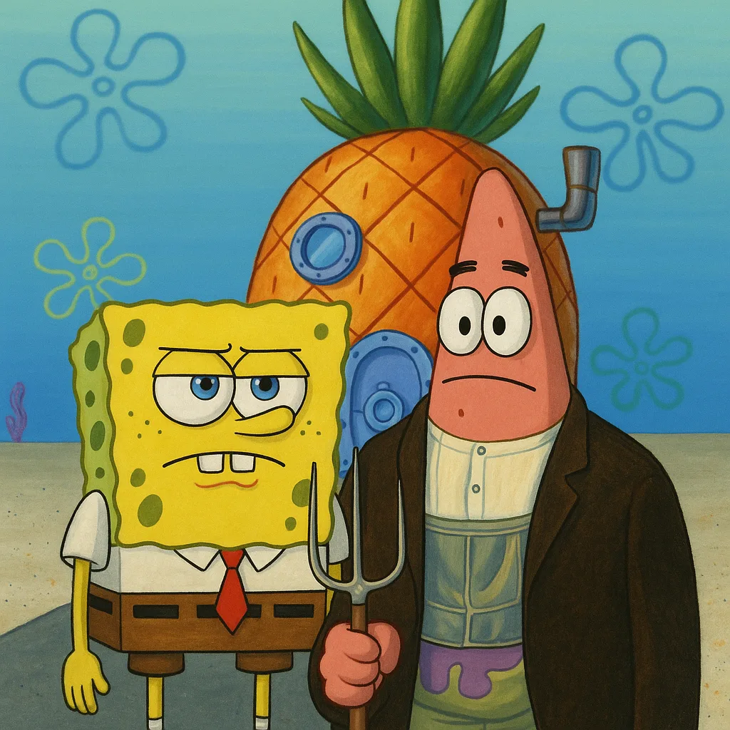 SpongeBob and Patrick Parody "American Gothic" with a Backdrop