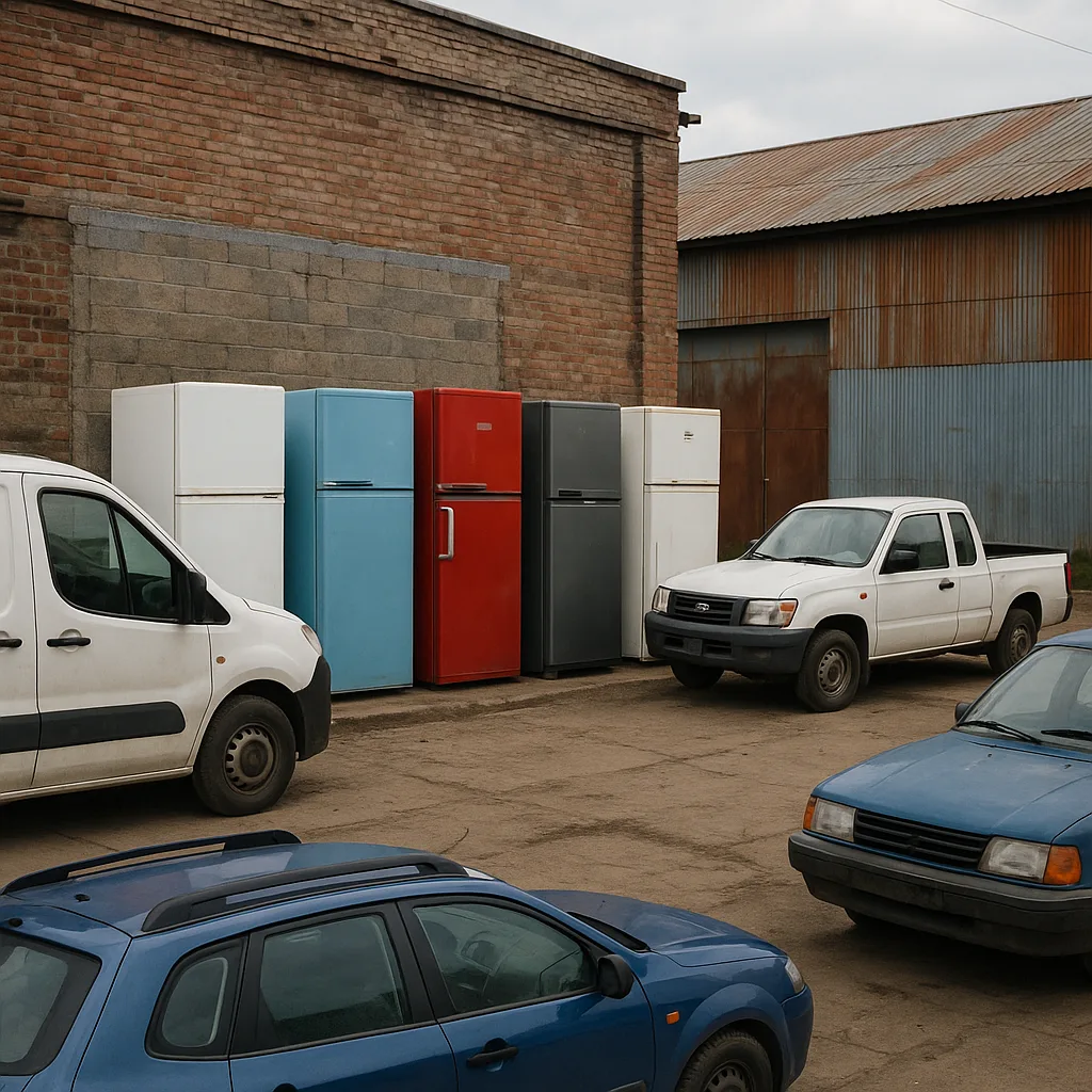 Realistic Setting Showcasing Five Refrigerators Alongside Four Vehicles