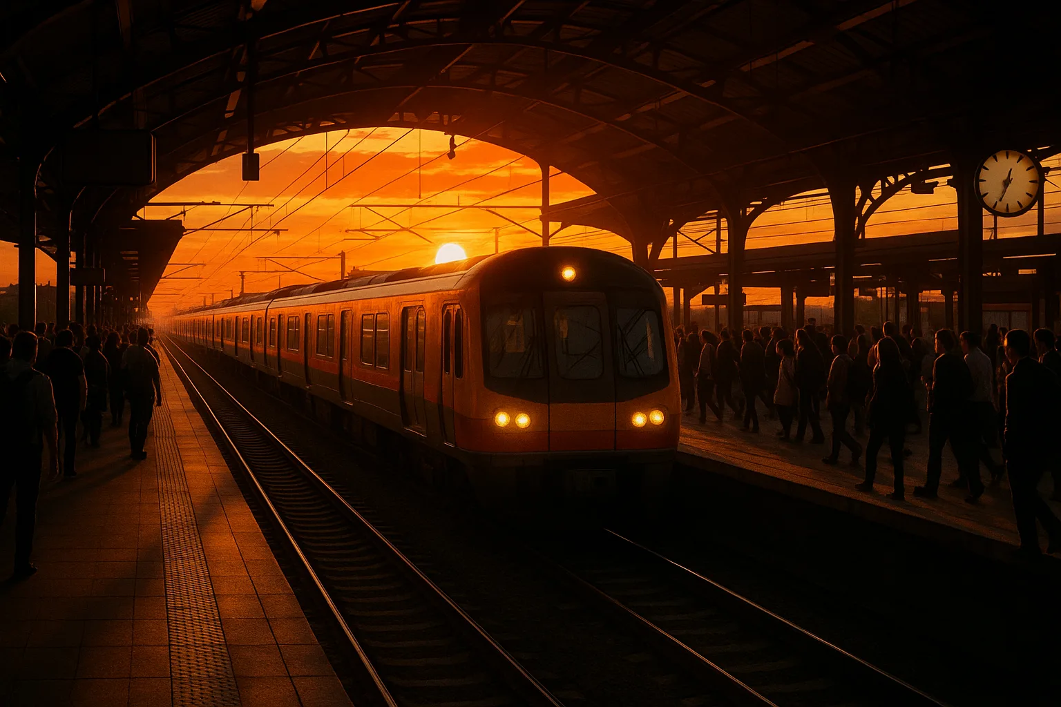 Crowded Station Welcomes a Public Transit Train