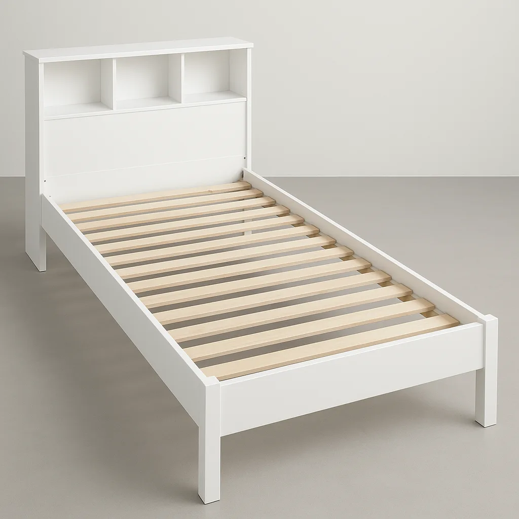 White Twin Bed Frame with a Built-in Bookcase Headboard