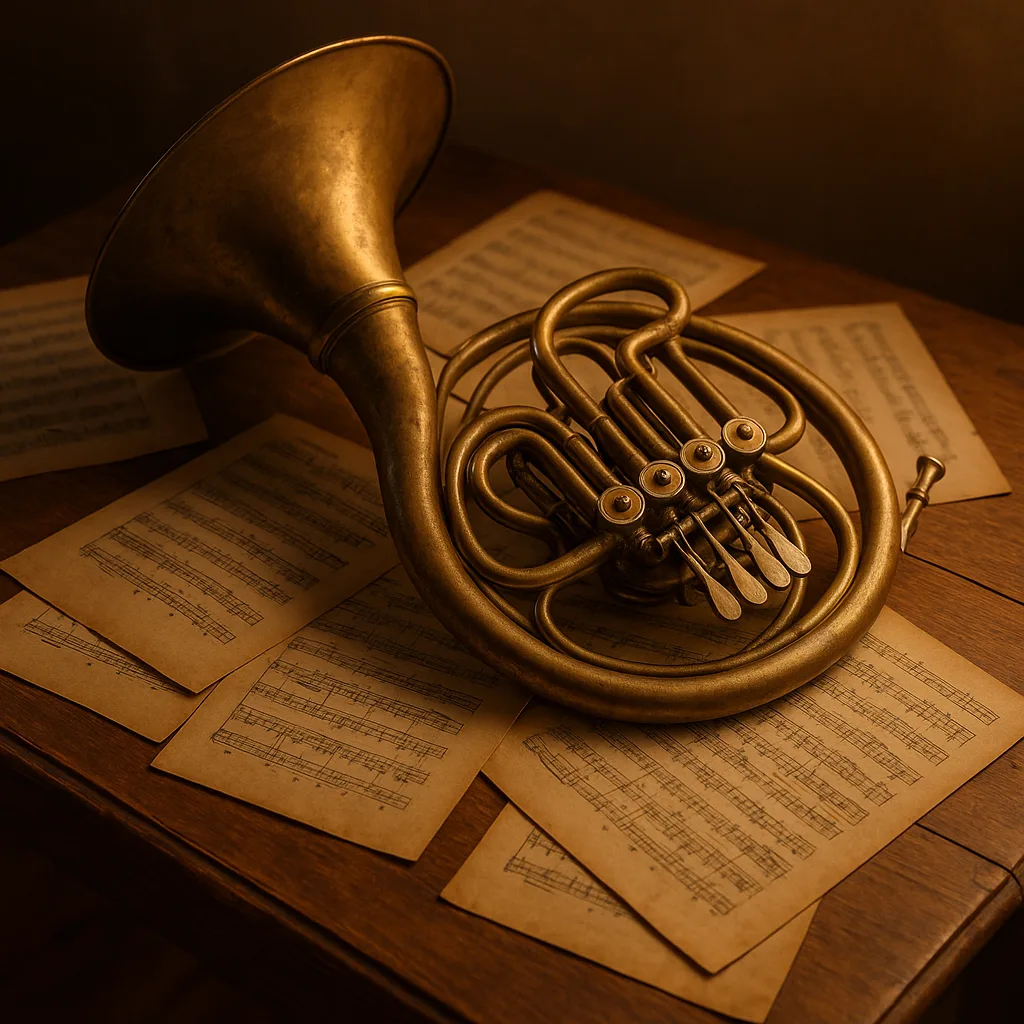 Classic Brass French Horn Placed on a Wooden Tabletop