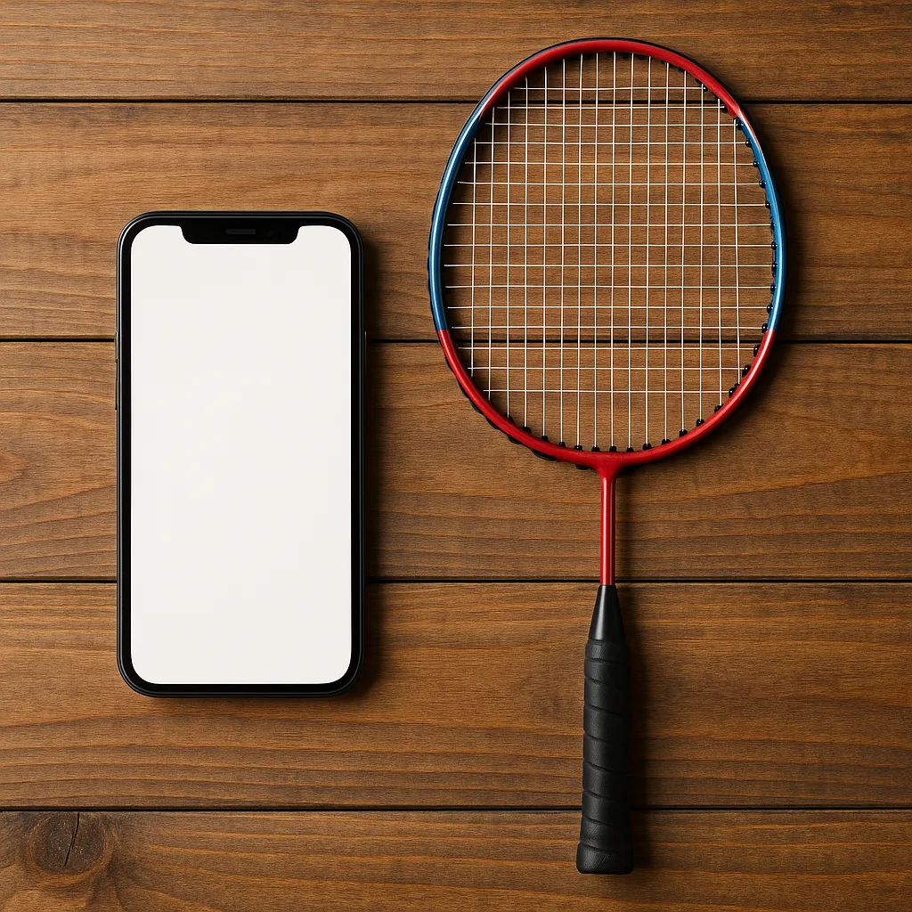 Wooden Surface with a Badminton Racket Positioned on the Right