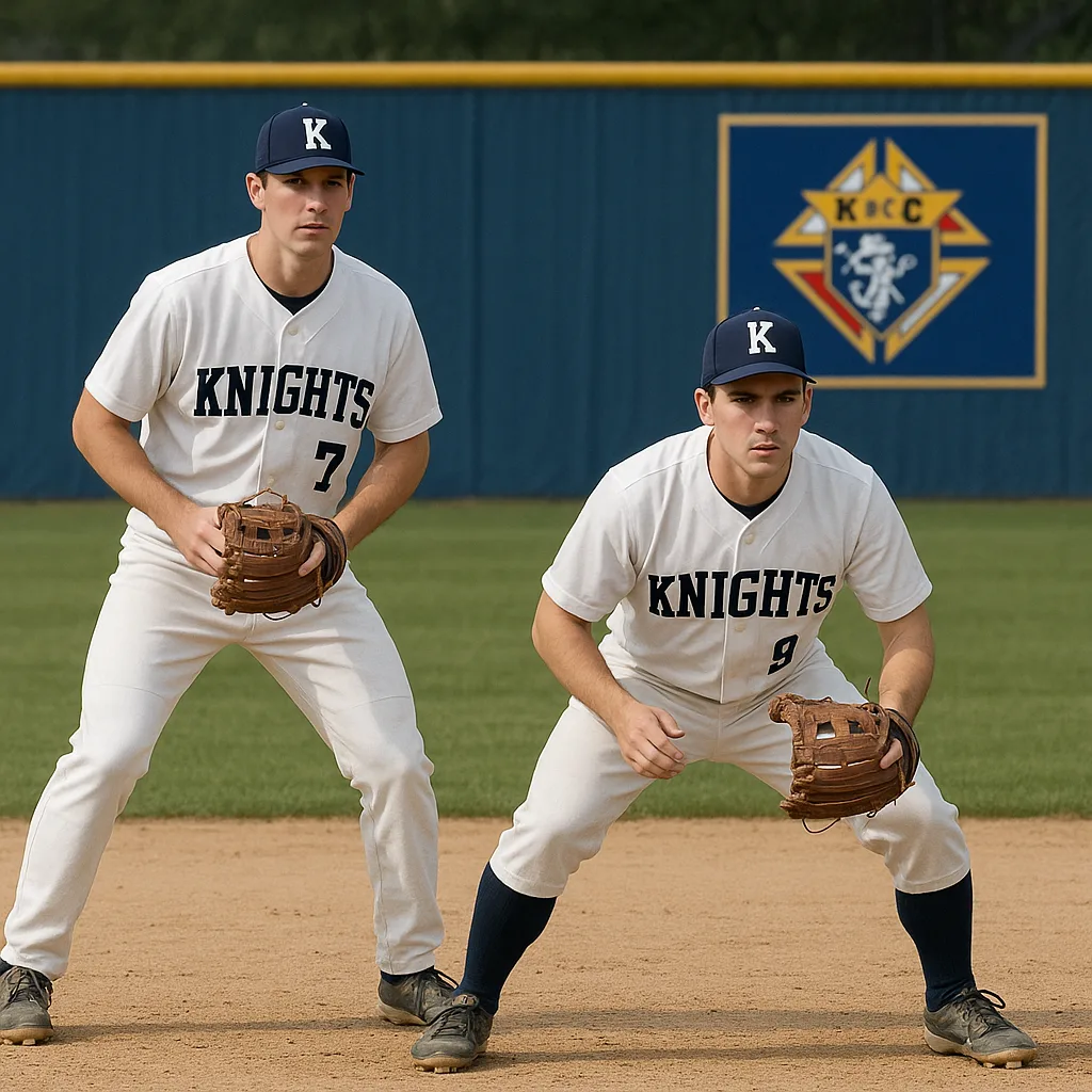 Two Baseball Players Wearing White Uniforms Stand in a Ready