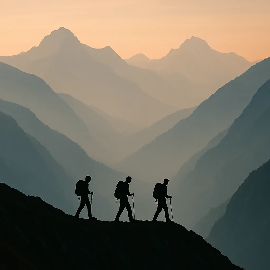 Few Lone Figures Hike Along a Narrow Ridge