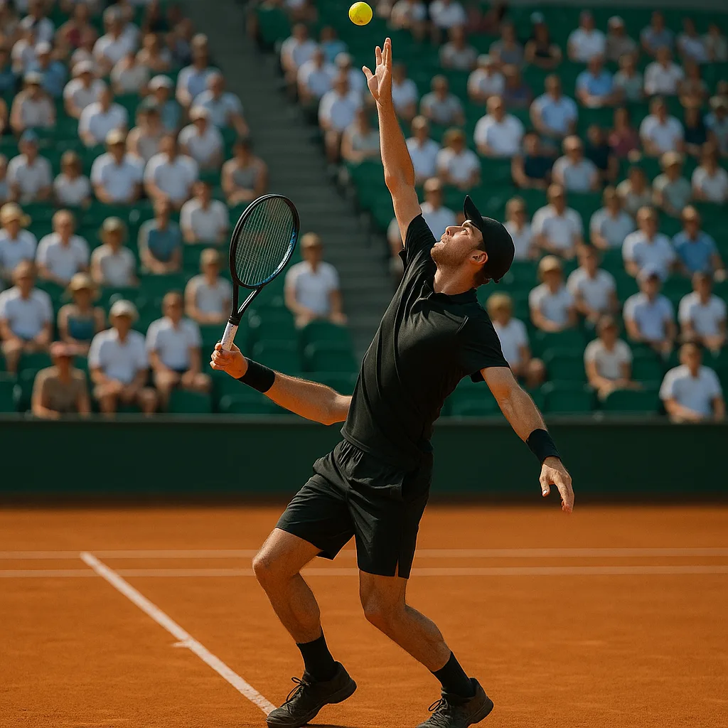 Tennis Player in Black Outfit Serves on a Clay Court