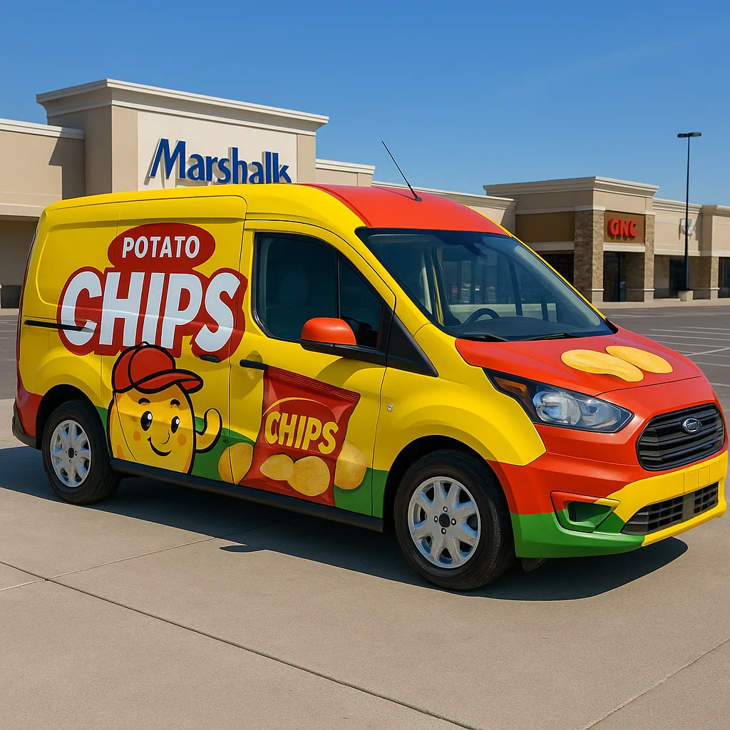 Vibrant Van Adorned with Potato Chip Advertisements Stationed Close