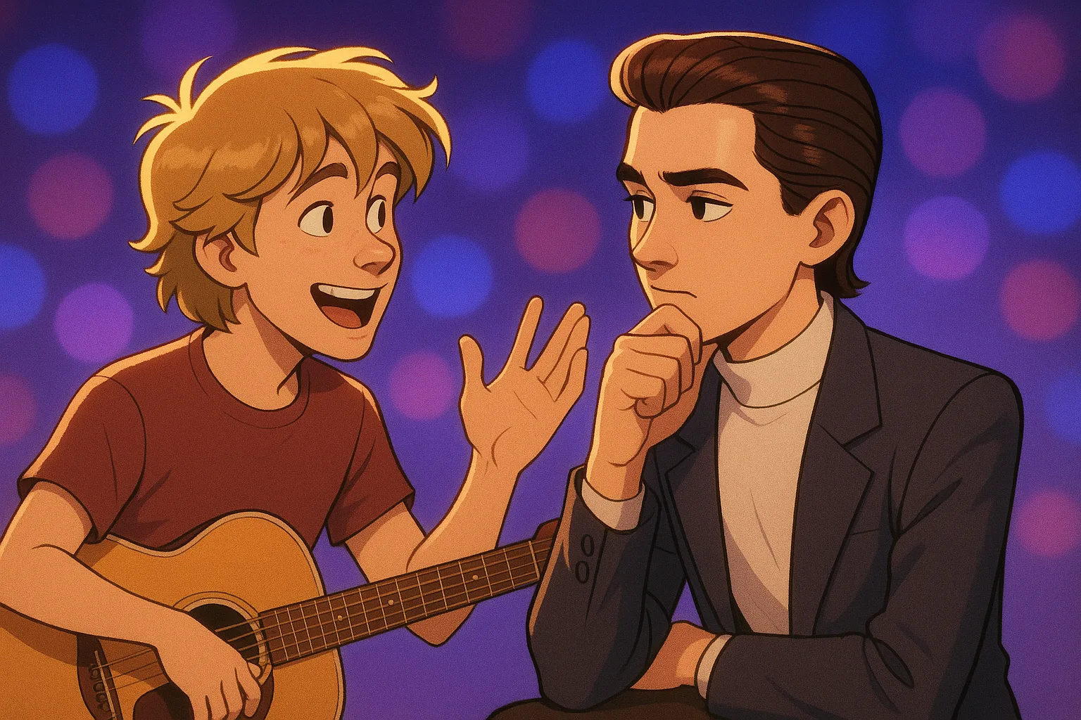 Sandy-blonde Teenage Fantasy Musician Animatedly Gestures to a Slicked-back-haired Teenage