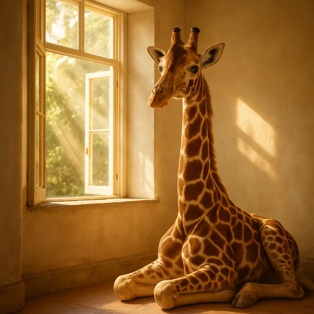 Giraffe of Great Height Lying near a Wide Window
