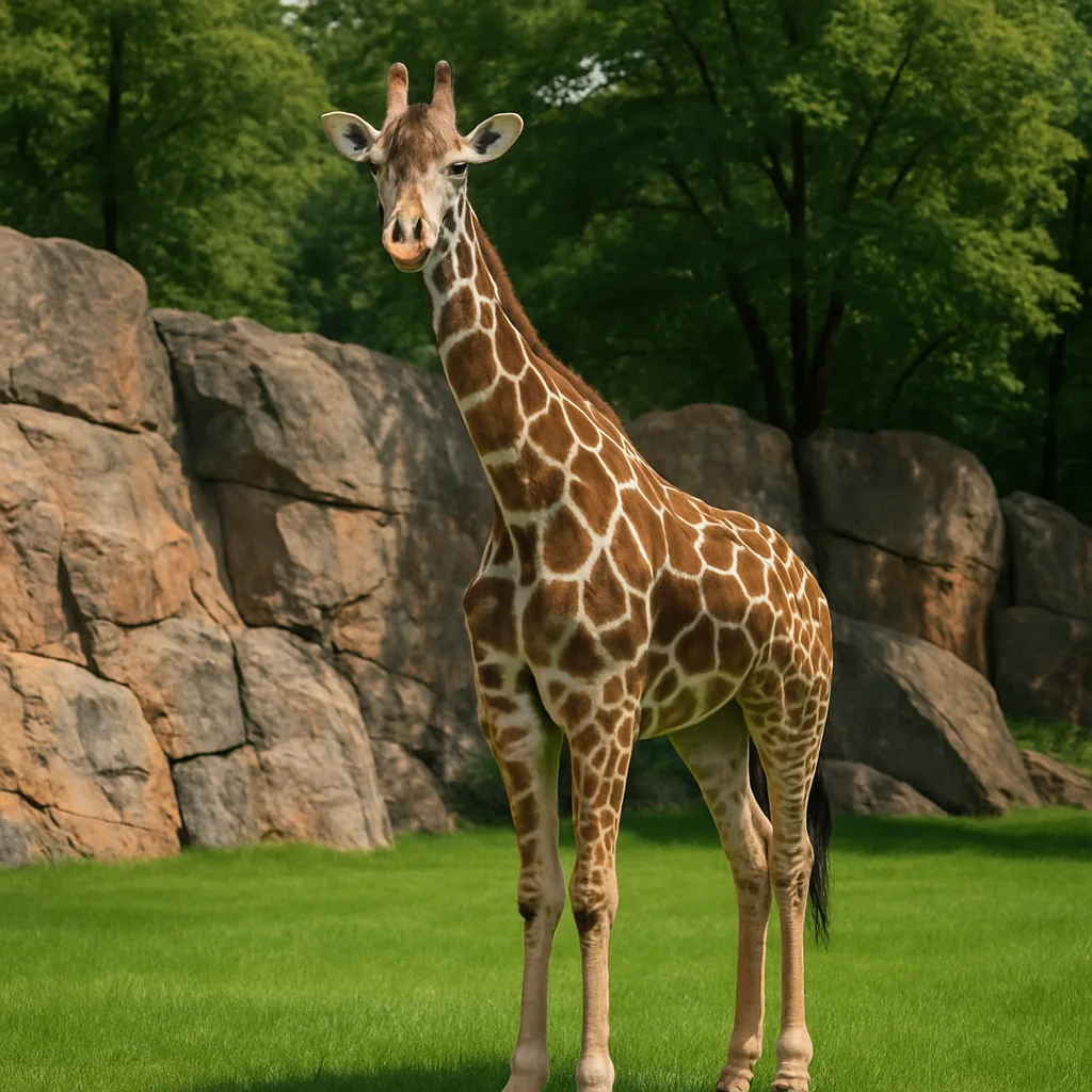 Giraffe Standing on Green Grass with a Rocky Backdrop