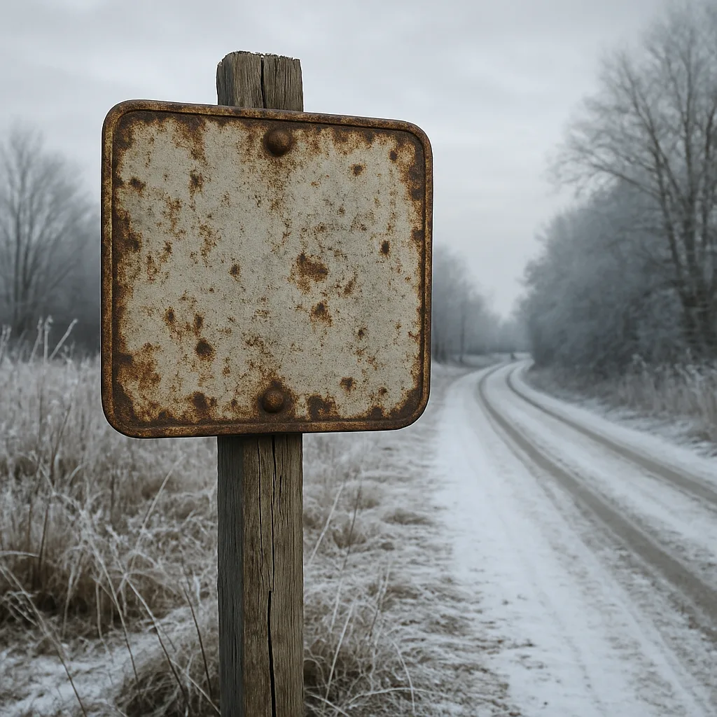 Rustic Wooden Post Holds an Aged Street Sign