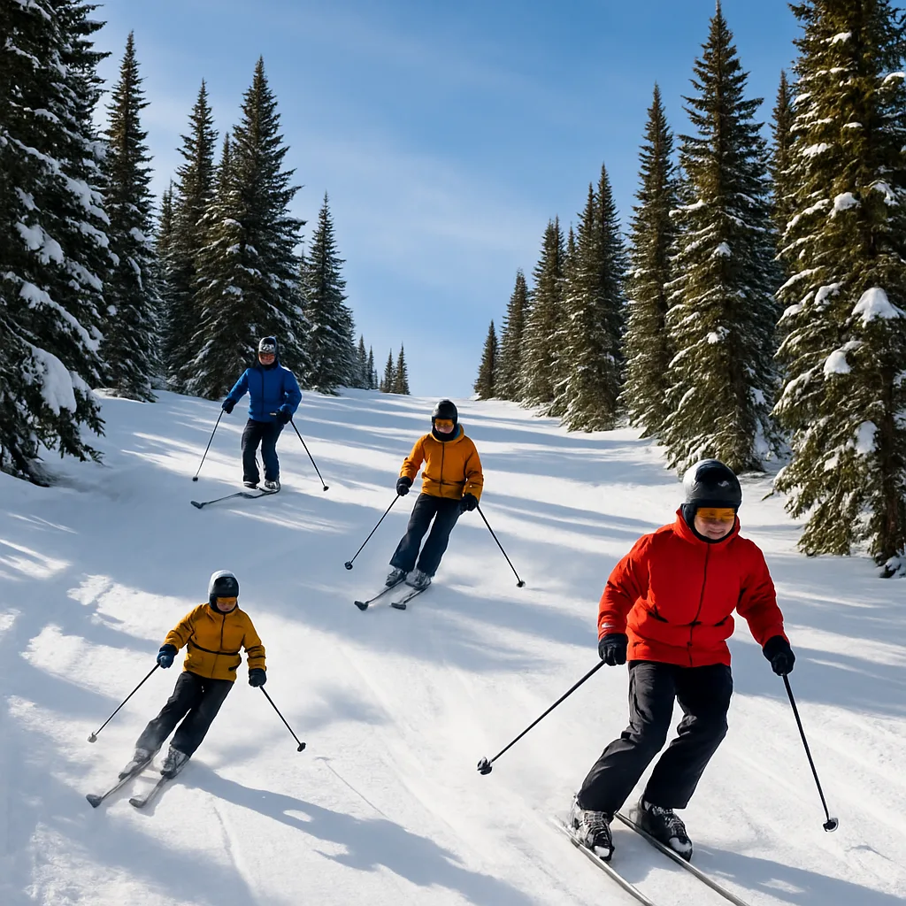 Snow-covered Mountainside with Three Skiers Gliding Downhill