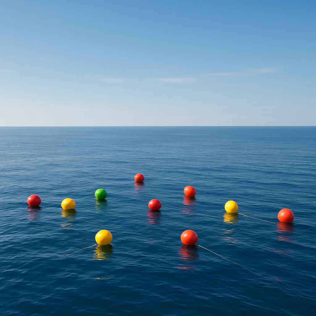 Scattered Handful of Brightly Colored Fishing Buoys Marks an Unseen