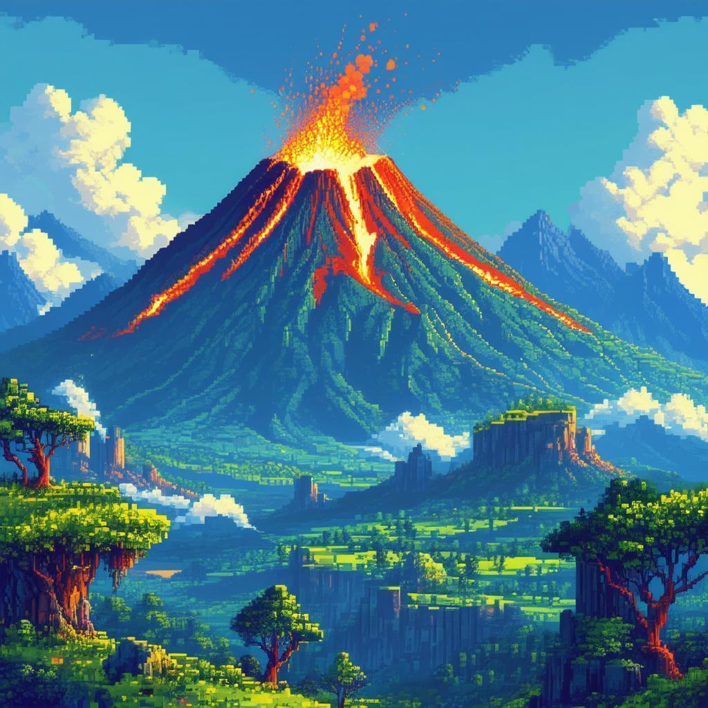 Erupting Pixel Volcano in Fantasy Landscape