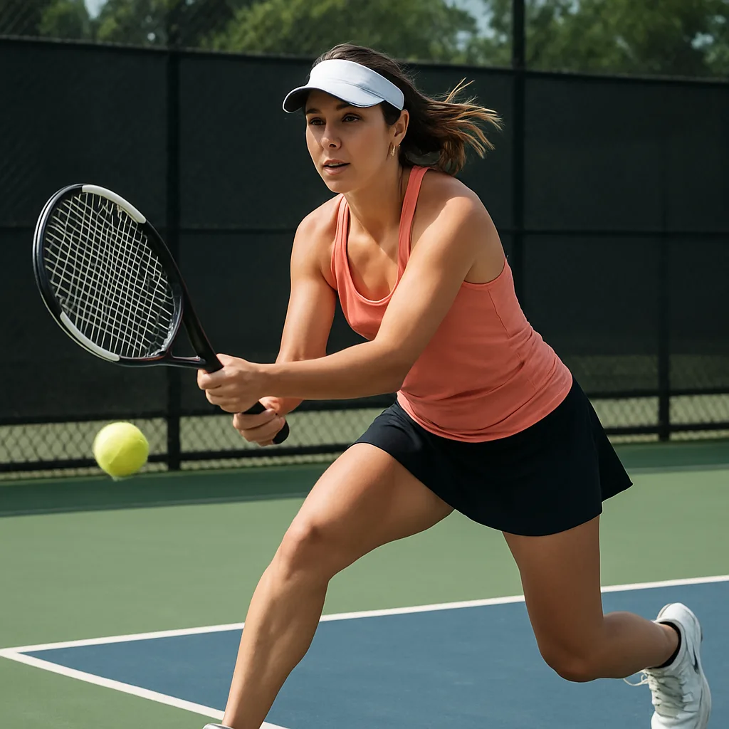 Woman in Athletic Attire Plays Tennis on an Outdoor Court