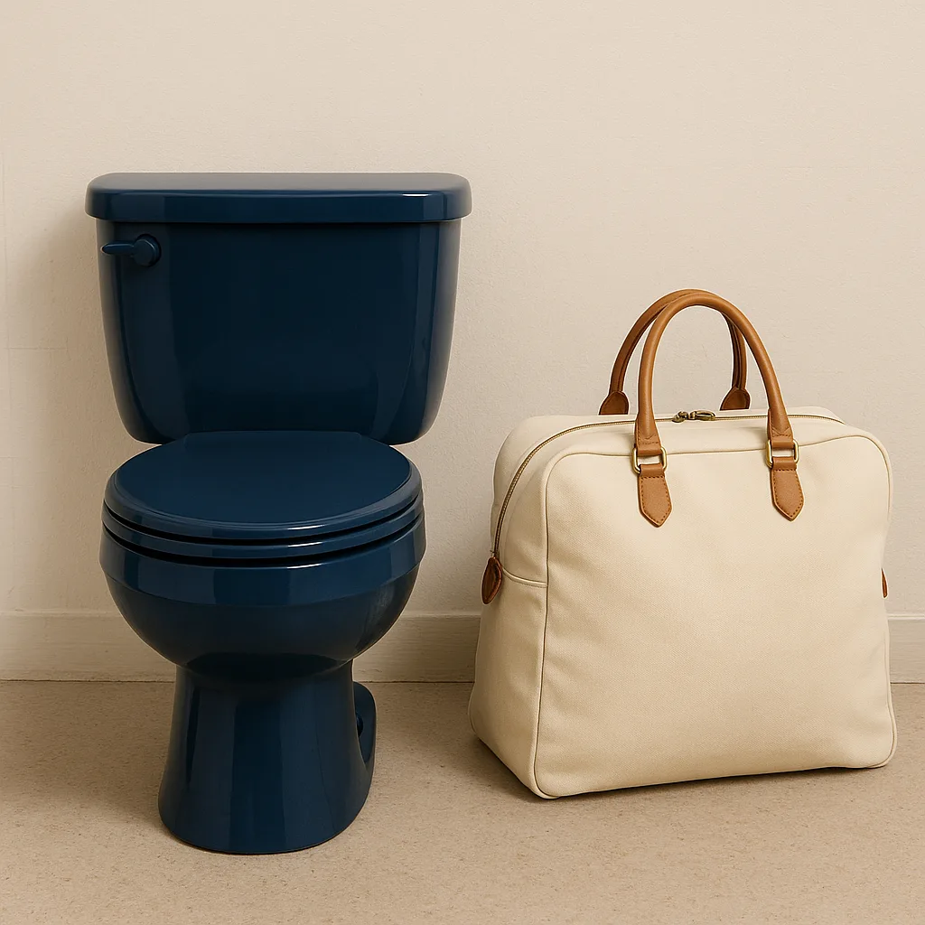Cream Travel Bag Positioned Next to a Navy-colored Toilet