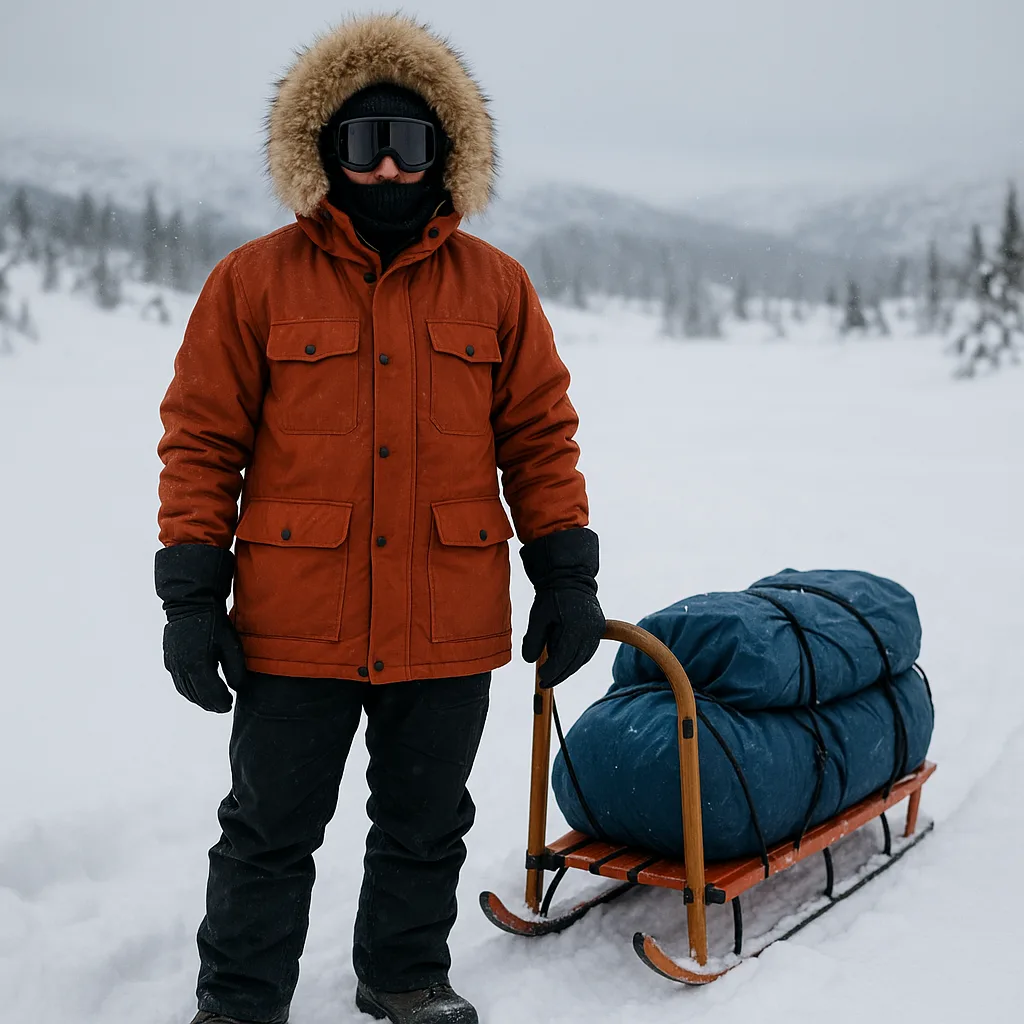 Person Dressed in Cold-weather Gear Stands Outdoors in a Snowy