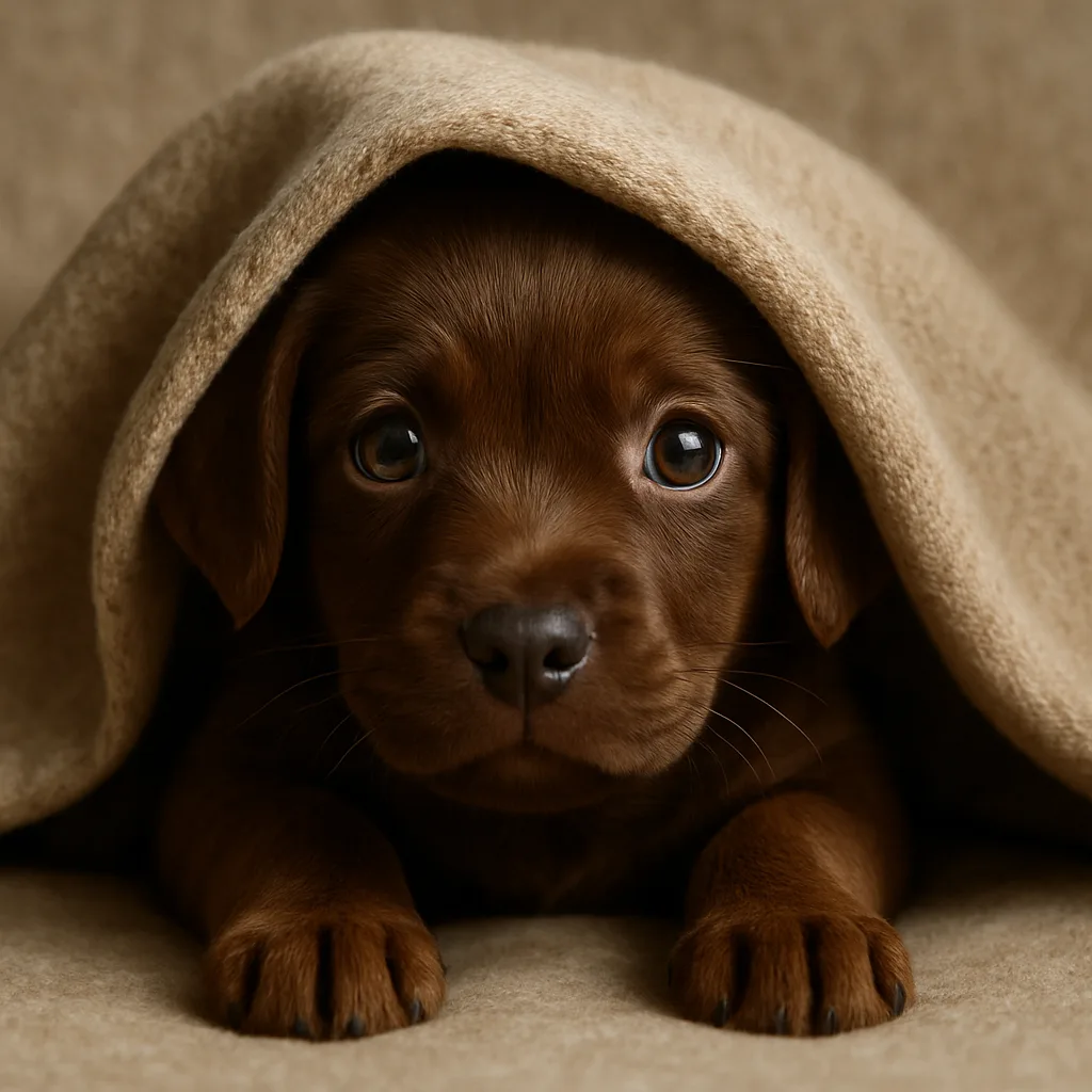 Draped Blanket Partially Covers a Brown Puppy