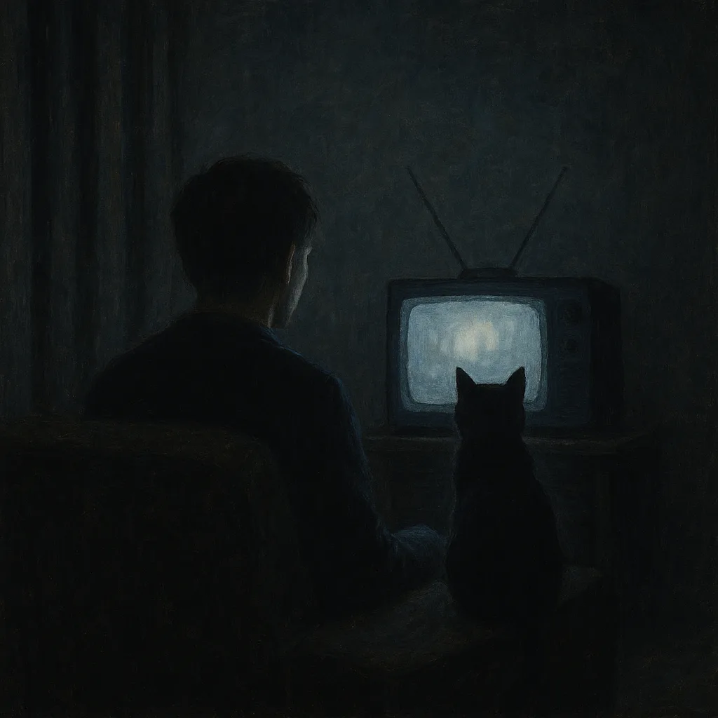 Person and a Black Cat Are Sitting in a Dimly