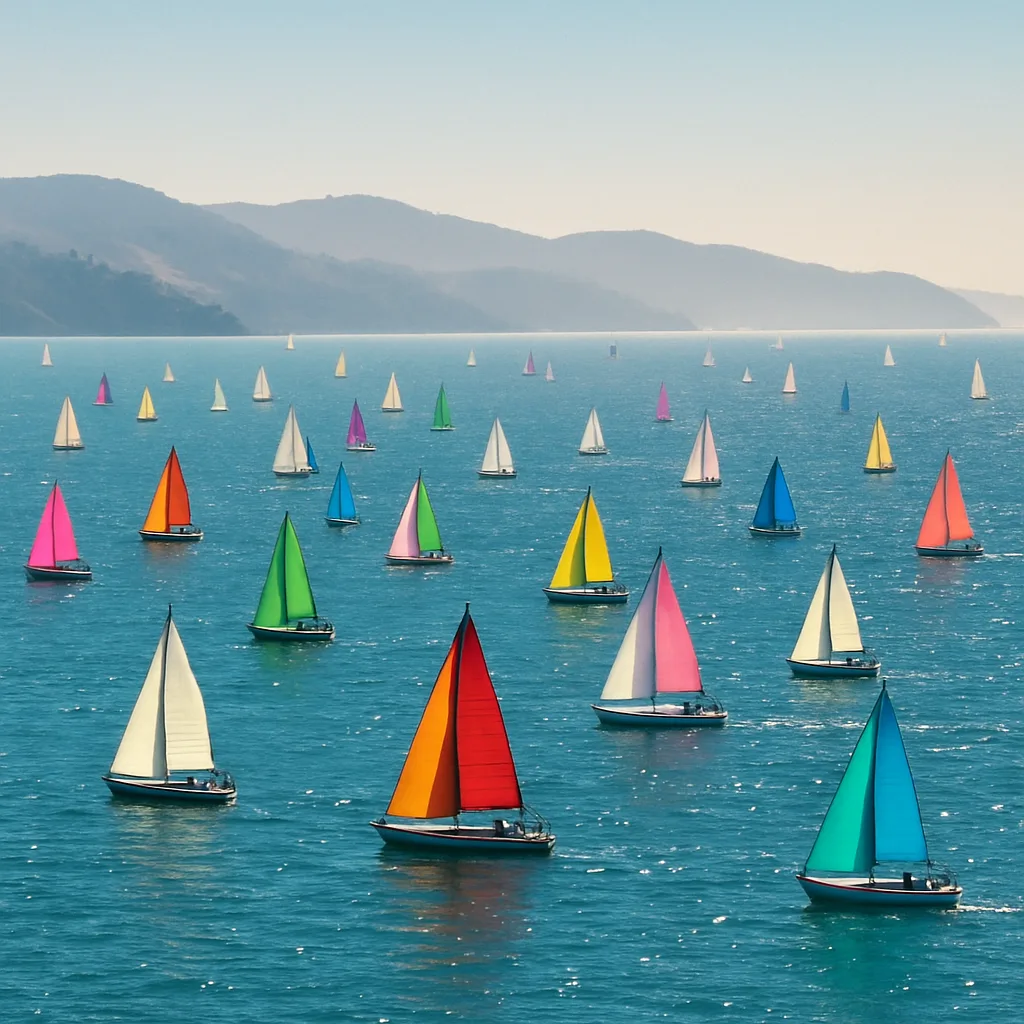 Multitude of Distant Sailboats with Colorful Sails Dot a Vast