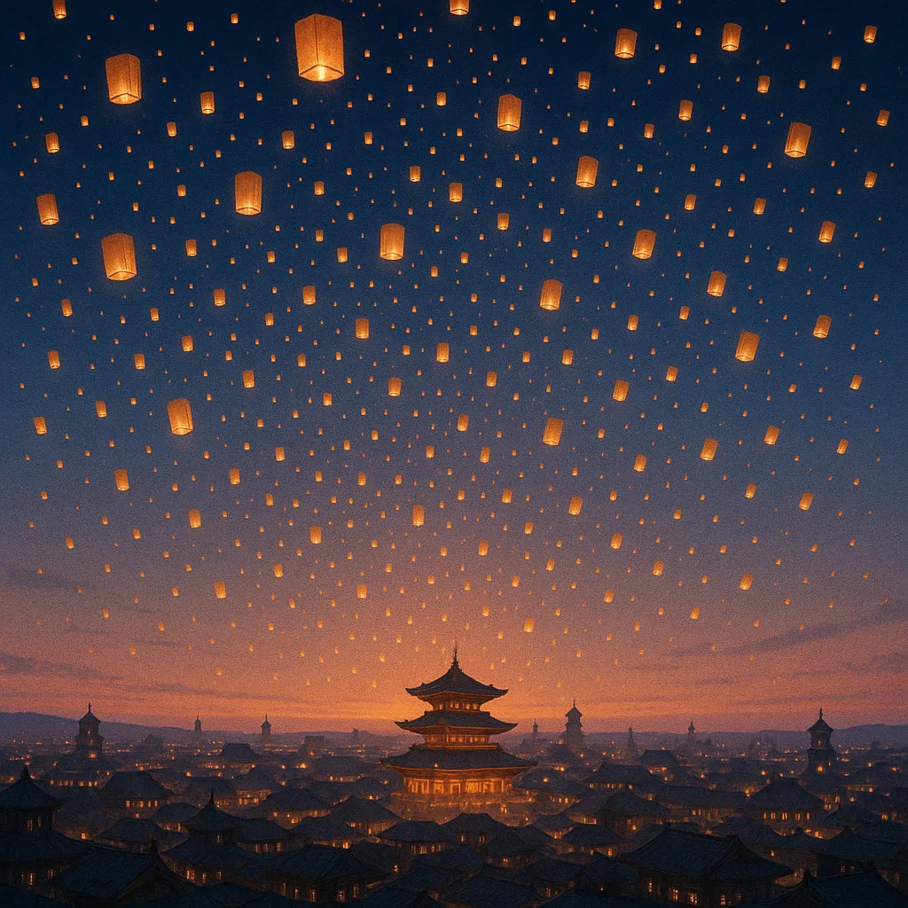 Myriad Tiny Paper Lanterns Float Upwards into a Twilight Sky