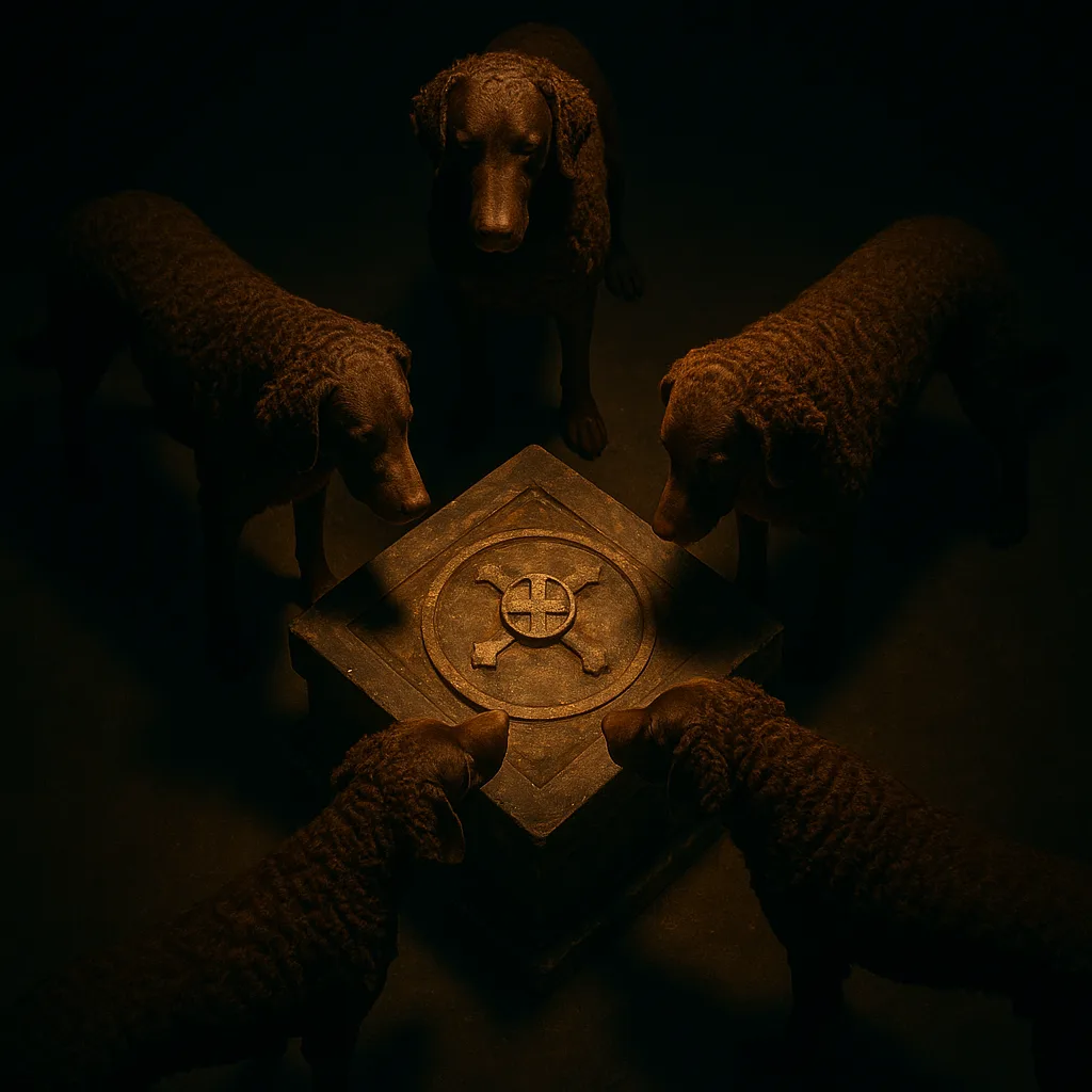 Several Curly-coated Retrievers Encircle a Mysterious Central Altar