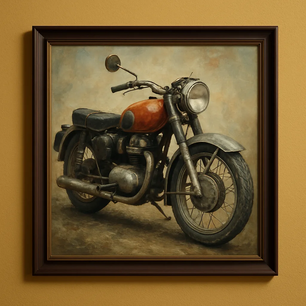 Large Oil Painting of a Classic Motorcycle