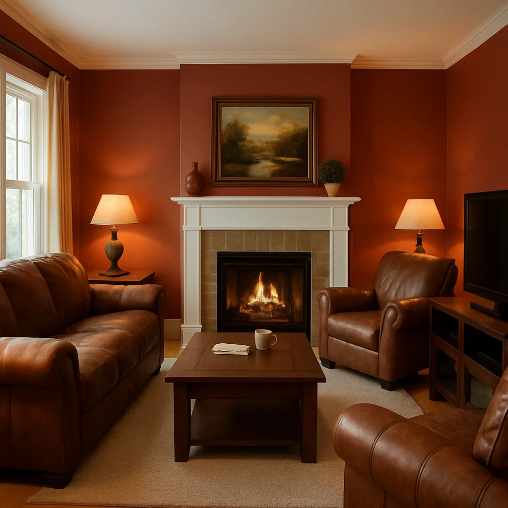 Cozy Living Room with Brown Leather Furniture