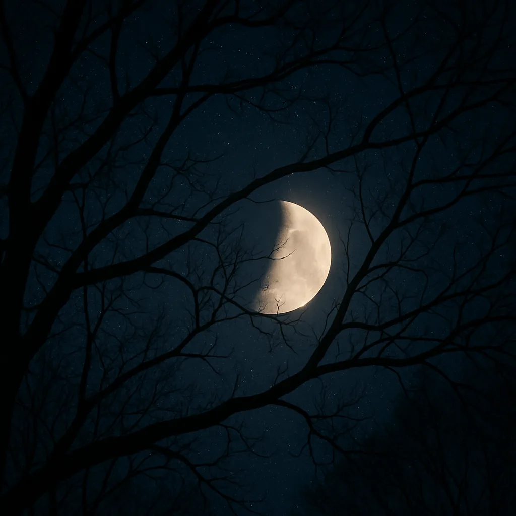 Crescent Moon Shining Gently Behind Dark Tree Branches
